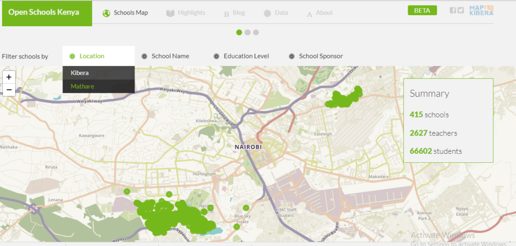 A screenshot of the updated Open Schools Kenya website with the new search by location faeture