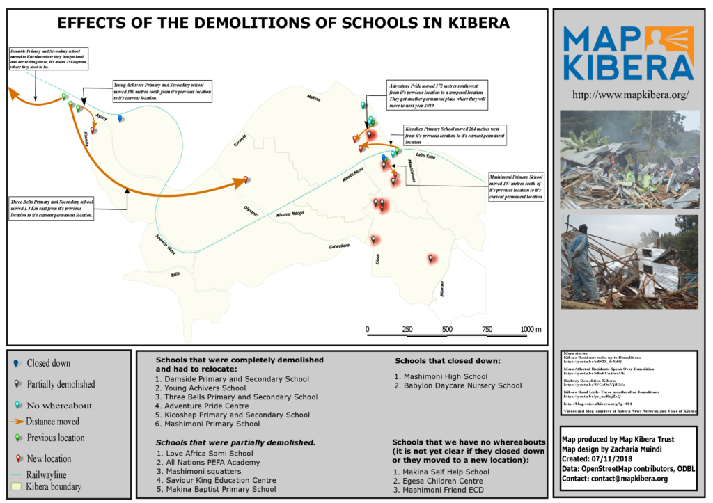 A Map designed by Zack Wambua showing the effects of the demolitions of schools in Kibera.