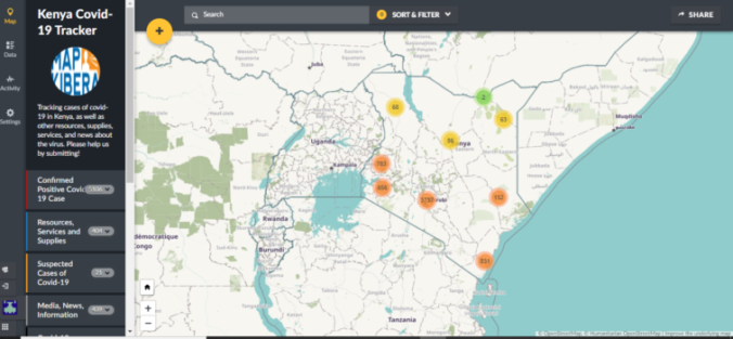 The Kenya covid tracker main page, with map showing distribution of cases, resources and other posts